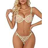 Lilosy Sexy Underwire Cute Push Up Strappy Embroidered Mesh Sheer Lingerie Set See Through Panty Bra
