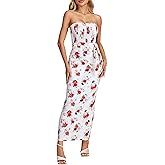 LYANER Women's Floral Print Strapless Shirred Split Bodycon Maxi Tube Dress with Belt