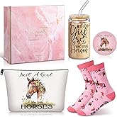 Kacctyen 5 Pcs Horse Gifts for Girls Horse Lover Gift 16oz Tumbler Cup with Lid Straw Makeup Cosmetic Bag Pocket Mirror Sock for Her Birthday Women Animal Lover Daughter Equestrian Presents