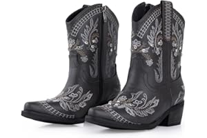 Krypthixor Rhinestone Ankle Cowboy Boots for Women Embroidered Short Cowgirl Boots With Low Heel Side Zipper Comfortable Chunky Heels Western Booties For Prom Party Wedding Pull On Shoes
