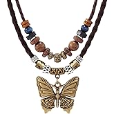 CZMZHFC Boho Necklace for Women,Vintage Butterfly Pendant Necklaces,Adjustable Wooden Beads Layered Braided Choker,Fashion Tribal Style Leather Rope Necklace Jewelry,Chunky Statement Gift for Women