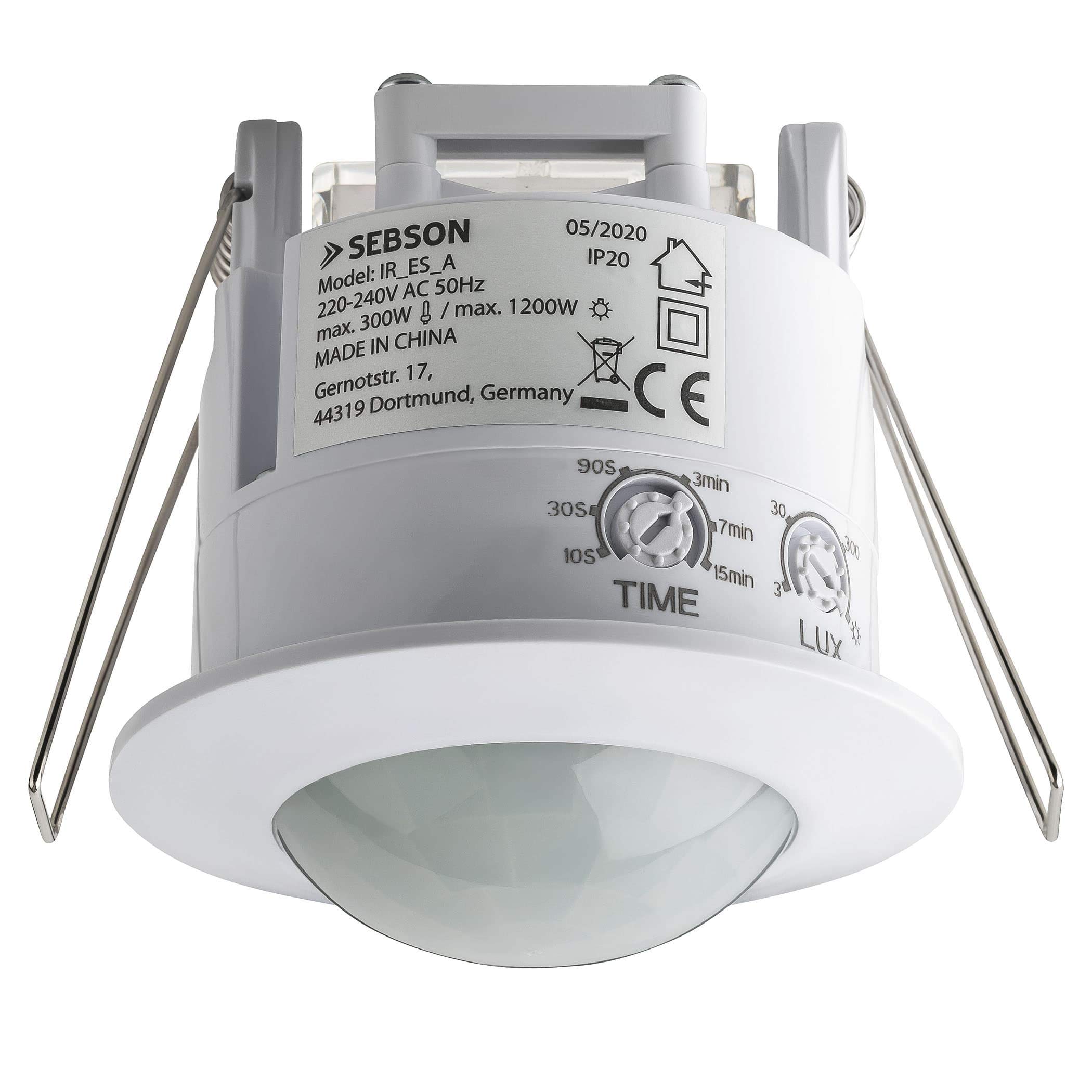 SEBSON 2x PIR Sensor Indoor, Ceiling Flush Mounted, Infrared Motion Sensor, LED Suitable, Range 6m / 360°, max. 1200/300W, IP20, 3-Wire, White