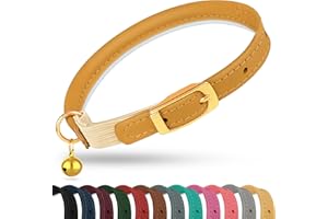 OOPSDOGGY Rolled Leather Cat Collar with Bell - Reflective Kitten Collar with Safety Elastic Strap - Adjustable Small Pet Collars for Boy Girl Cats (Camel)