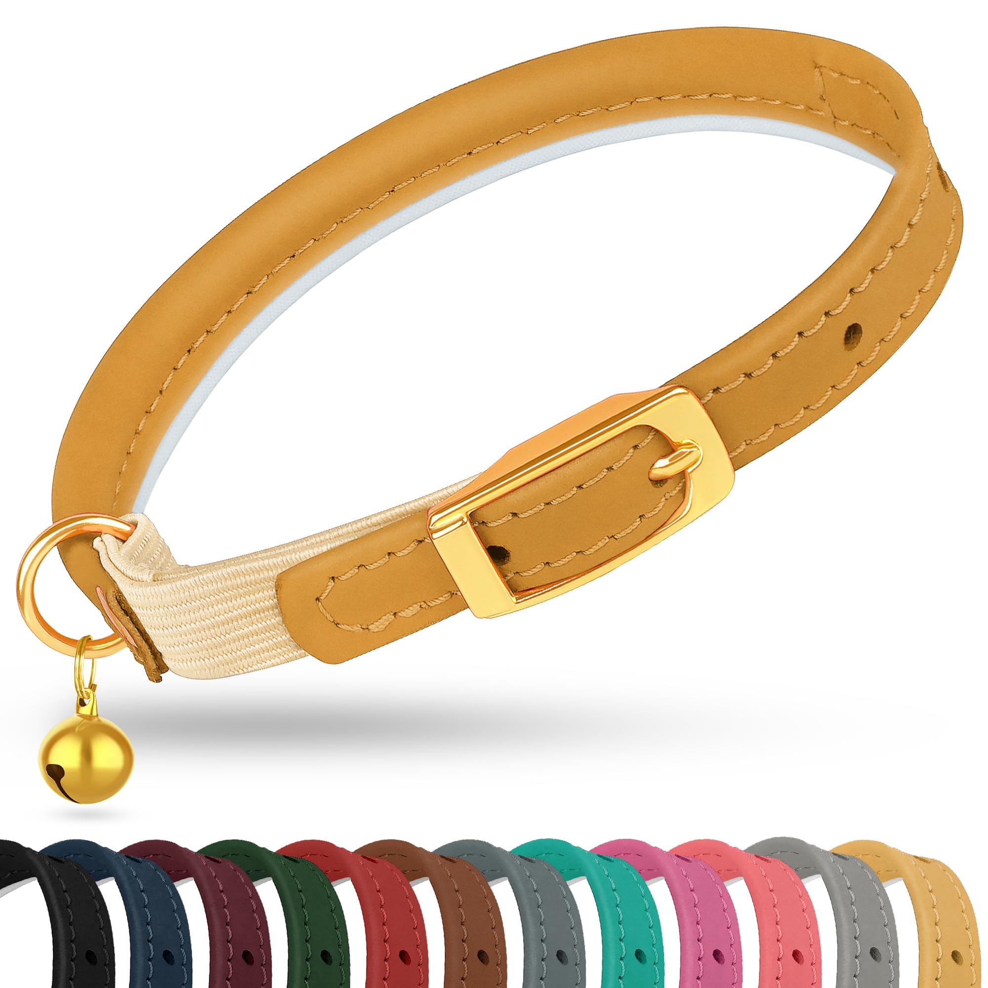 OOPSDOGGY Rolled Leather Cat Collar with Bell - Reflective Kitten Collar with Safety Elastic Strap - Adjustable Small Pet Collars for Boy Girl Cats (Camel)
