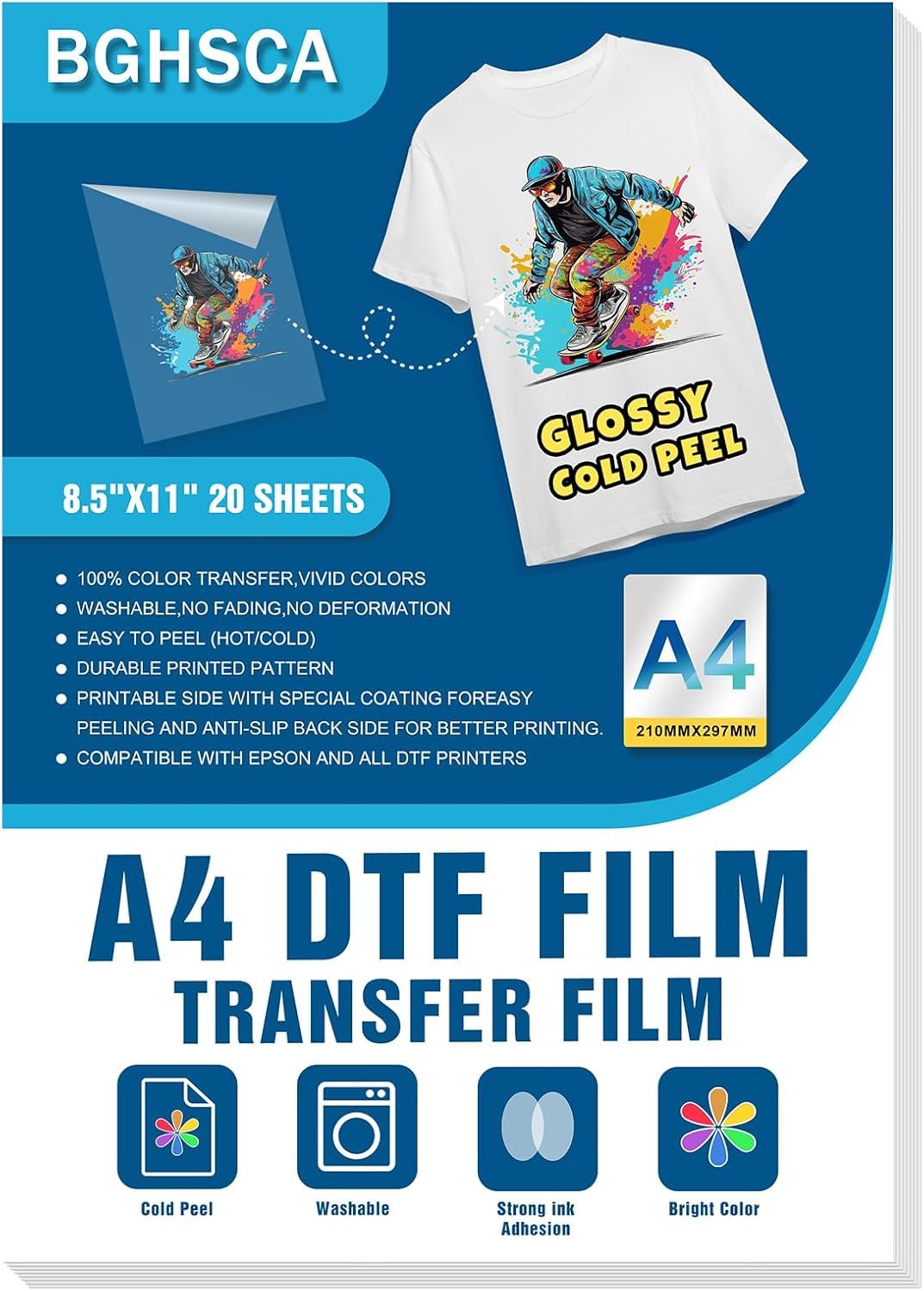 DTF Transfer Film Matt A4 (21cm x 29.7cm) 20 Sheets Clear Pretreated Paper Hot/Cold Peel for T-Shirt Transfer Film PET Transfer Paper