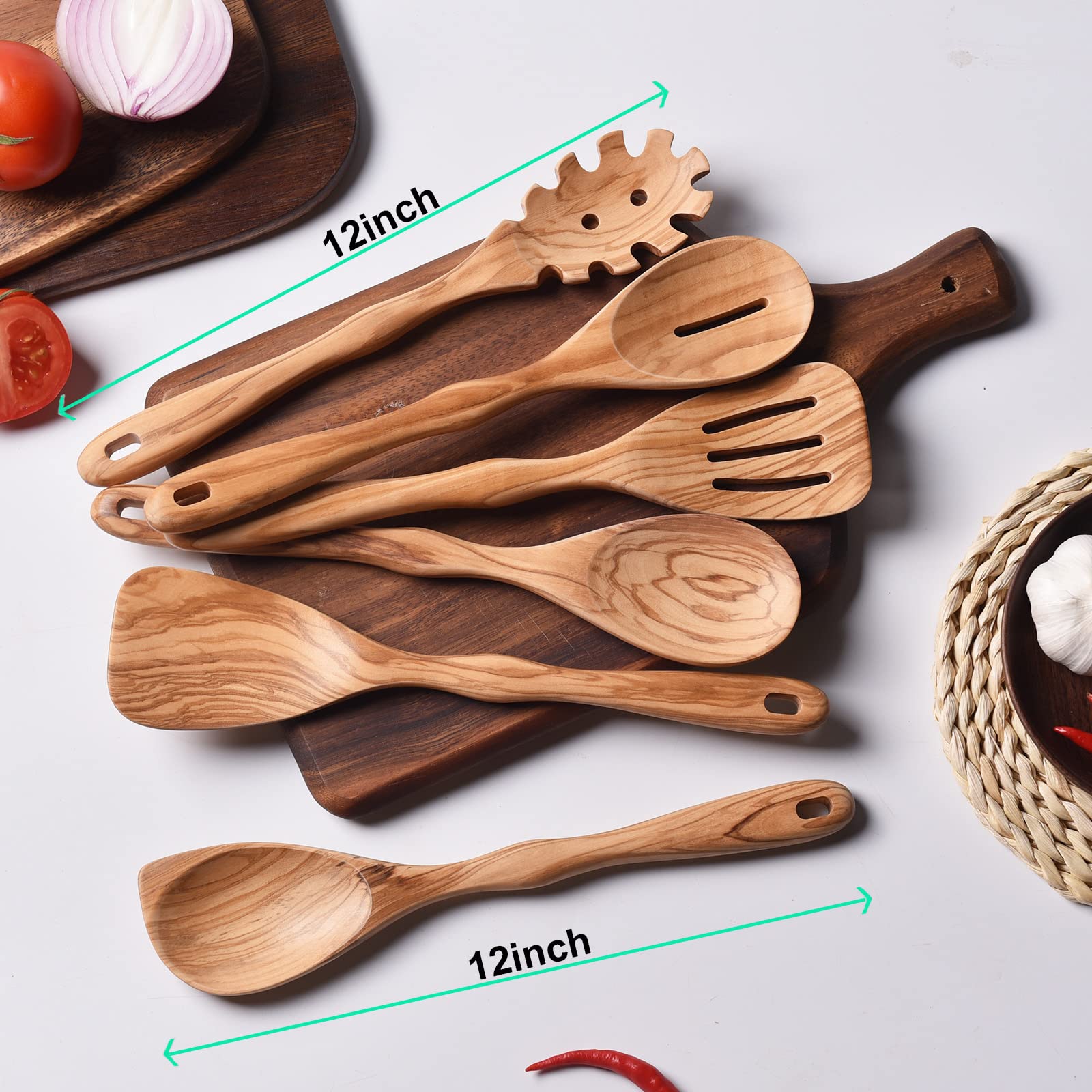 Gudamaye 12 inch Olive Wooden Utensils for Cooking, Long Handle Wooden Spoons for Cooking, 6 PCES Crafting Wooden Spoon Set, Wooden Kitchen Utensil set, Natural Olive Wood utensil Set