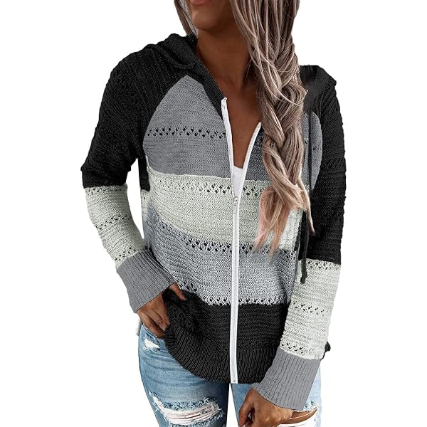 Vemodoo Women's Zip Up Hoodie - Lightweight Knit Sweater With Drawstring & Color Block Design - View #4