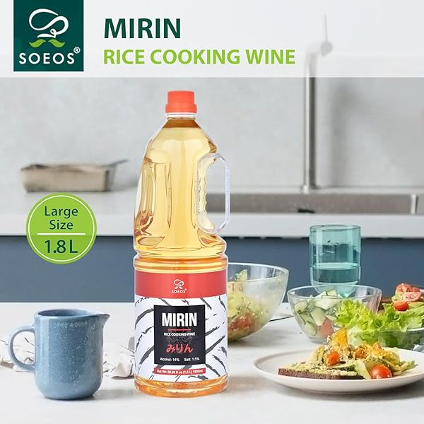 SOEOS MIRIN, JAPANESE COOKING WINE, 1.8 L (PACK OF 1), MIRIN RICE WINE, AUTHENTIC NATURAL SUGAR SWEET RICE COOKING WINE FOR COOKING, CONDIMENTS, SEASONING HOMEMADE SAUCES, JAPANESE SEASONING