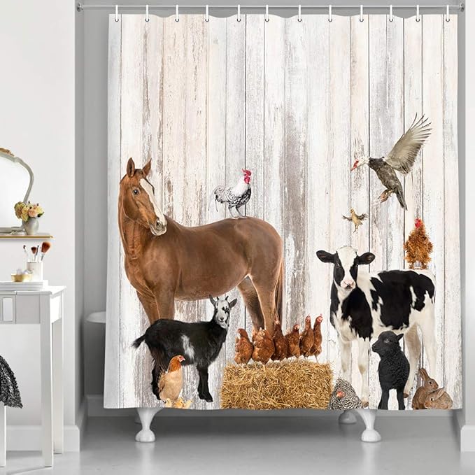 NYMB Farm Animals Shower Curtain, Rustic Wooden Wall Farm Little