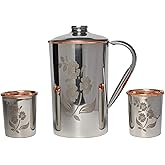 Stainless Steel and Pure Copper Water Pitcher with 2 Matching Tumblers for Ayurveda Health Benefits (57.48 fl. Oz.) (Floral Pattern)