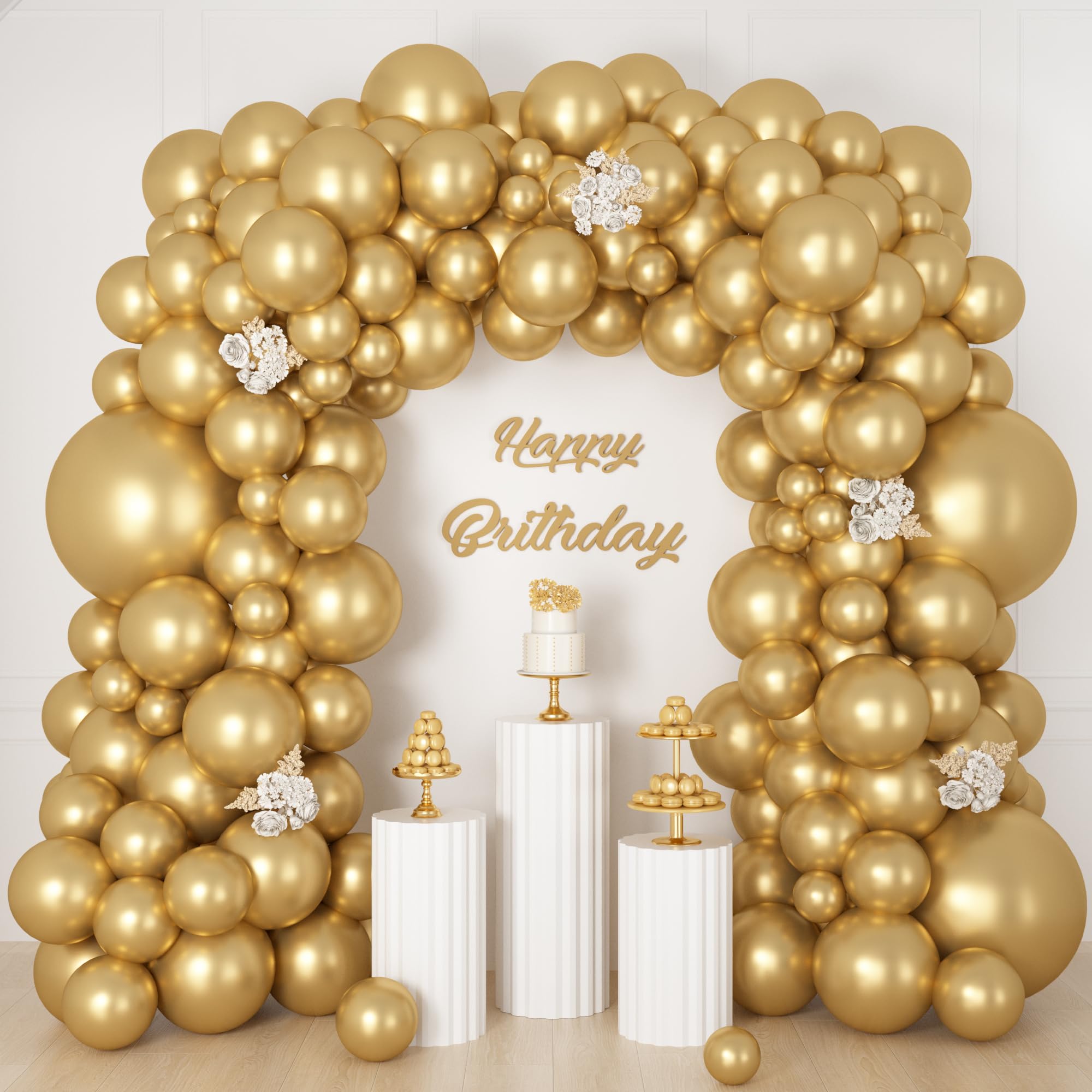 Ouddy Life 157 Pcs Gold Balloons Garland Arch Kit, Metallic Gold Different Sizes Balloon for Holiday Happy Birthday Wedding Bridal Baby Shower Gender Reveal Anniversary Engagement Party Decorations