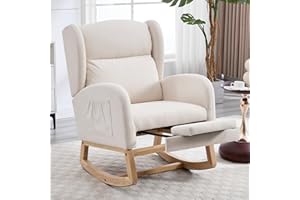 NIOIIKIT Nursery Rocking Chair with Footrest, Linen Upholstered Glider Chair, Rocker Nursery Sofa with Side Pocket, Glider Rocker, Accent Reading Recliner for Living Room (Beige Linen)