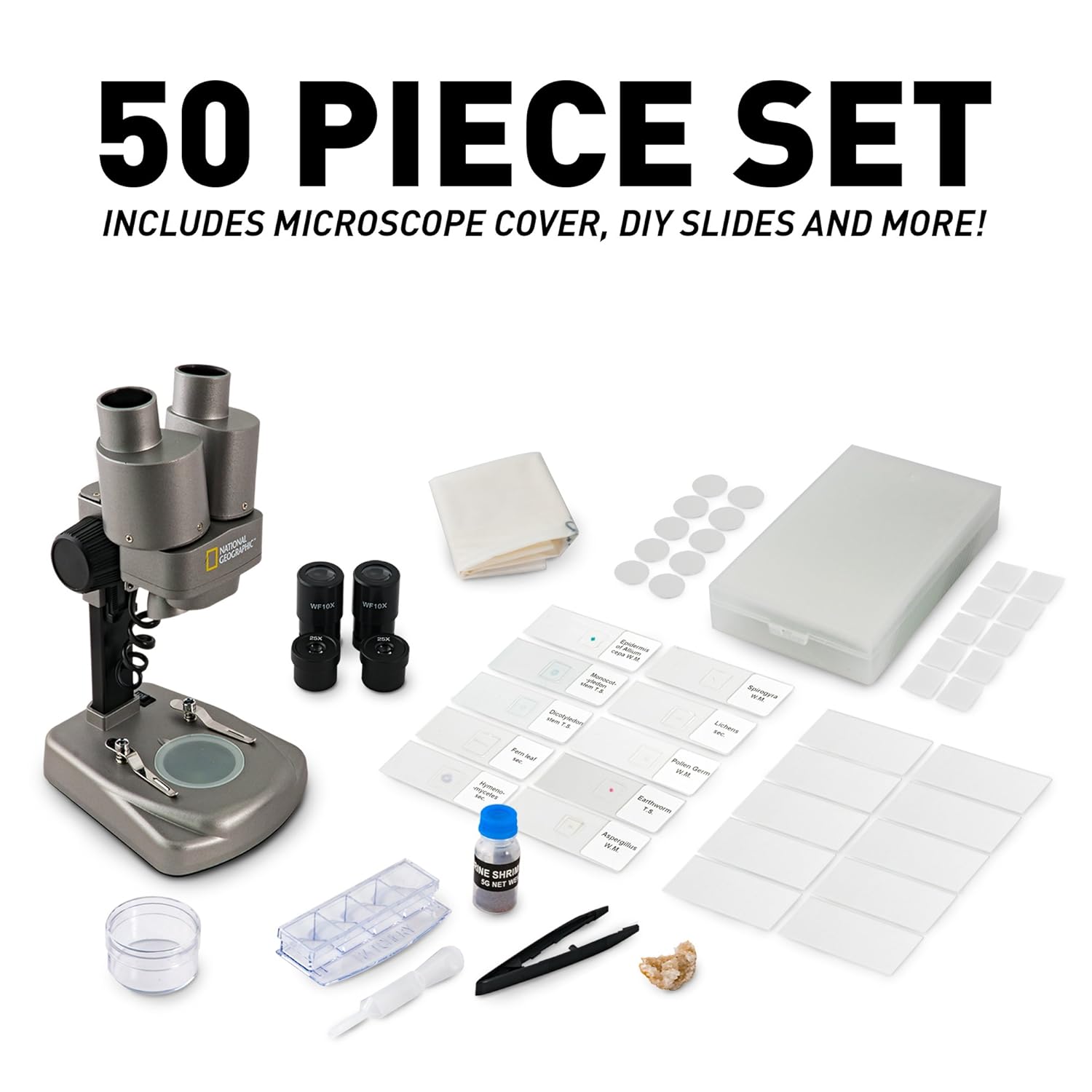 NATIONAL GEOGRAPHIC Dual LED Student Microscope – 50+ pc Science Kit Includes Set of 10 Prepared Biological & 10 Blank Slides, Lab Shrimp Experiment, 10x-25x Optical Glass Lenses and More! (Silver)