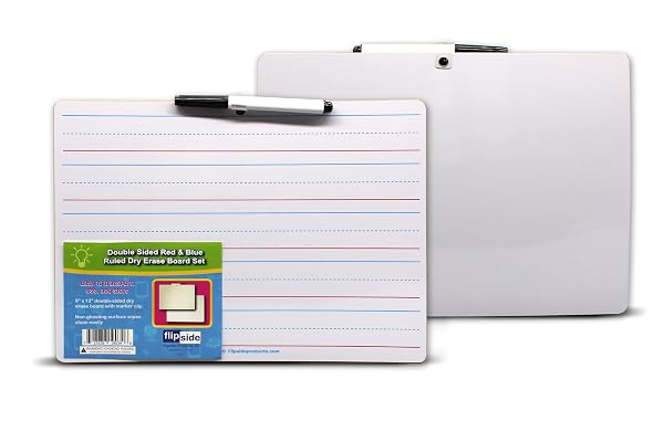 FLIPSIDE PRODUCTS 9″ X 12″ TWO SIDED DRY ERASE RED & BLUE RULED WITH ATTACHED MARKER, LEARN TO WRITE, LINED FOR WRITING PRACTICE, PACK OF 12
