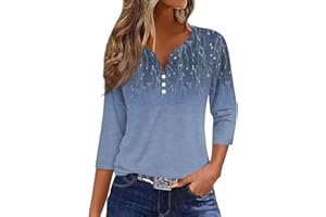 ROKIACDE Cotton Blouses for Women 3/4 Sleeve,Boho Floral Graphic Summer Tops Dressy Button Down V Neck Shirts Henley Blouse