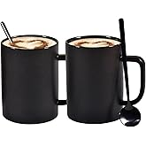 Coffee Mugs, Matte Black Ceramic Mug Set of 2, 13.5 OZ Large Coffee Set with Black Coffee Spoons, Big Cups for Cappuccino Latte or Tea for Home Office Restaurant or Bar, for Men and Women Couple Gift