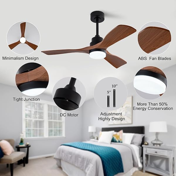 OMYU 42 INCH CEILING FANS WITH LIGHTS AND REMOTE, ABS BLADES, DIMMABLE AND QUIET REVERSIBLE DC MOTOR, BROWN MODERN CEILING FAN WITH LIGHT FOR OUTDOOR INDOOR BEDROOM LIVING ROOM(NOT SOLID WOOD)