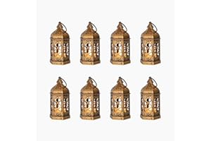 Reperla 8-Pack Mini Lanterns, Small Decorative Lanterns with Flickering LED Candles for Halloween, Christmas, Wedding, Hanging Moroccan Lantern, Table Centerpiece, Baby Shower Decorations, Bronze