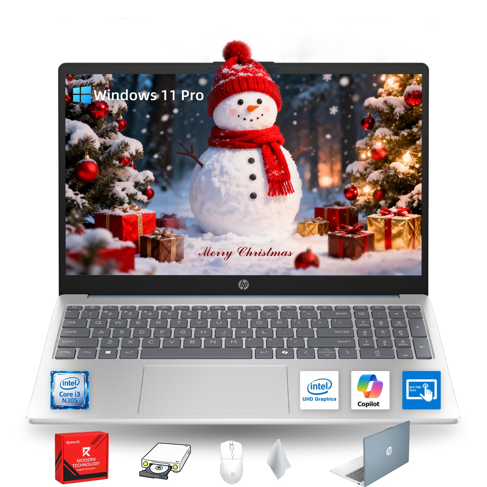HP Touchscreen Laptop 2026 - Windows 11 Pro, 15.6" FHD Touch, Intel Core i3‑N305, Wi‑Fi 6, Copilot AI, Long Battery Life, Business Laptop for Study & Work, w/Redragon Kit, Blue, 16GB RAM, 512GB SSD Image