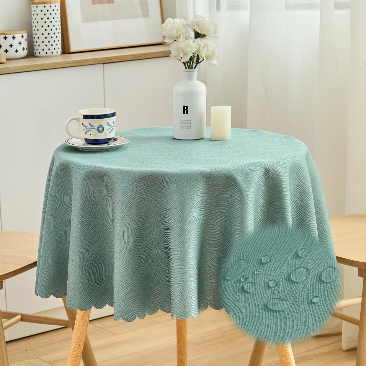 SPRICA Round Jacquard Tablecloth 120cm Water Resistance Solid Colour Table Cover, Water Ripples Pattern Design, Machine Washable, Diameter 120cm, Light Green