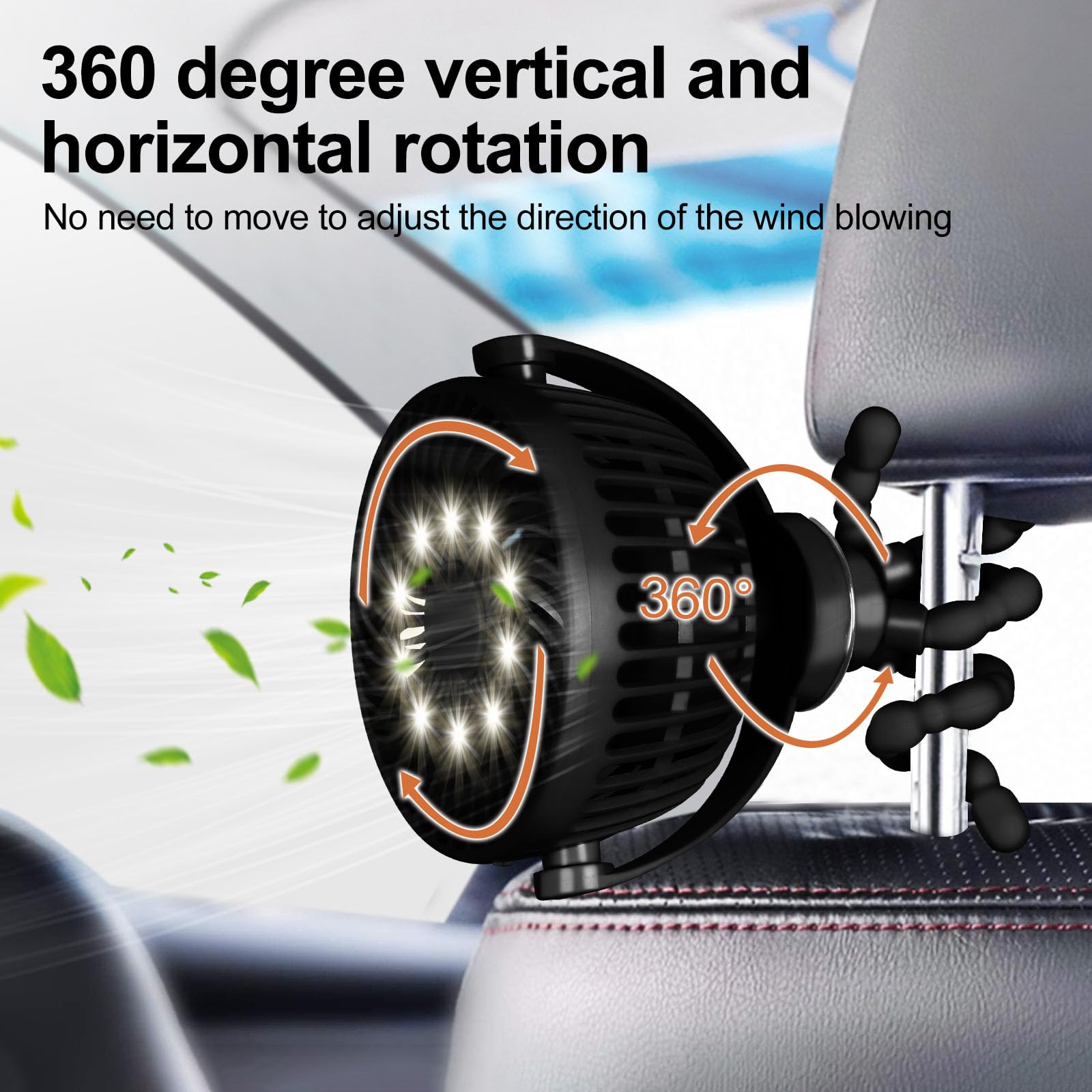Car Fans for Backseat for Kids, 5200mAh Battery Operated Car Seat Fan, 3 Speeds, 360° Rotation Fan for Car, LED Lights, Ultra-Low Noise Level for SUV/RV/Truck/Sedan/Cruise/Office/Treadmill