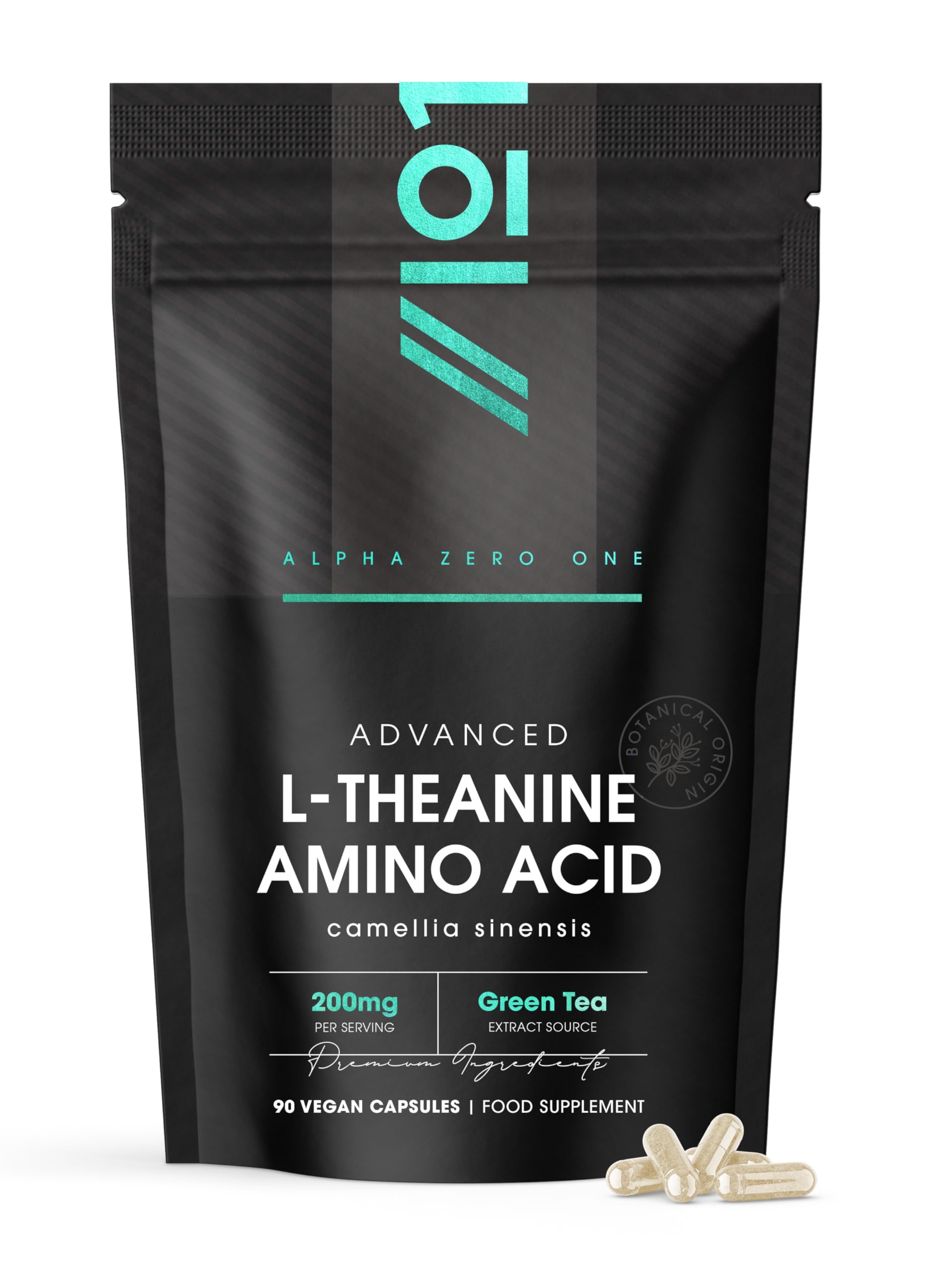 L-Theanine 200mg from Green Tea - 90 Vegan Capsules - Amino Acid Supplement – Resealable and Recyclable Pouch by Alpha01