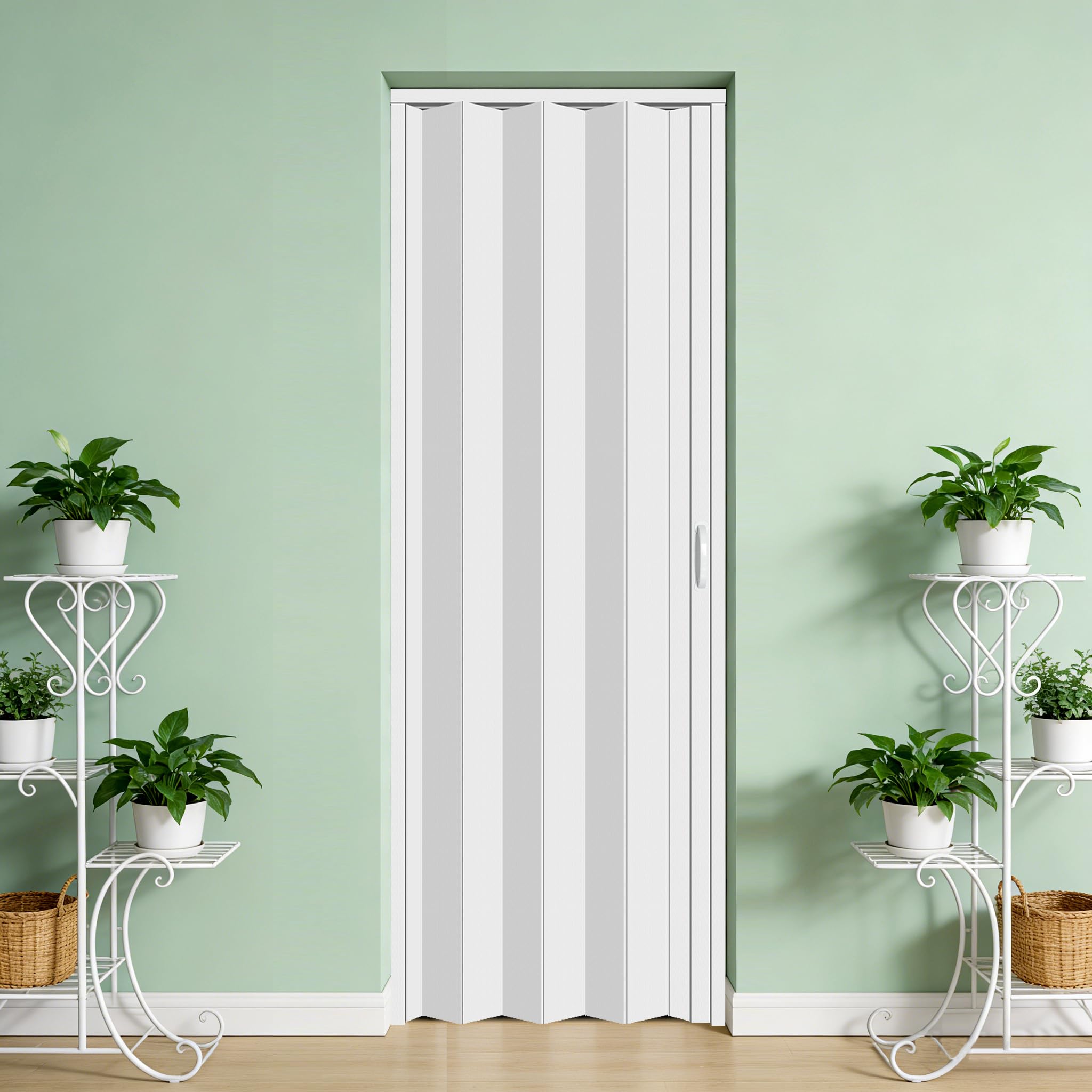 Photo 1 of 104RDHOUSE 30×80in PVC Internal Accordion Folding Door, Multifold Sliding Door for Closet, White in Color, with Installation Hardware; Handle; Latch.