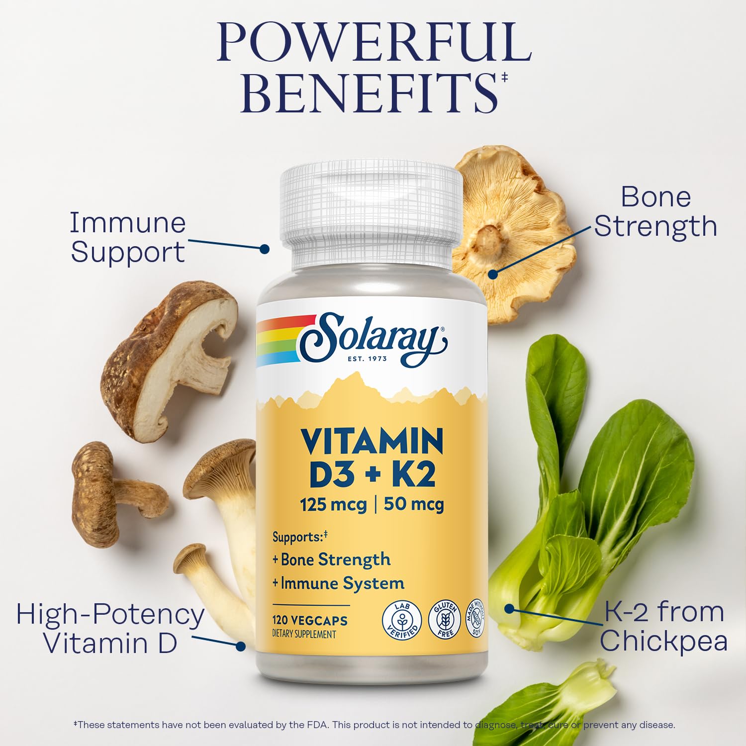 SOLARAY Vitamin D3 K2 - Bone Health and Immune Support Supplement - With 5000 IU Vitamin D as Vit D3 and 50 mcg Vitamin K2 as Menoquinone MK7, Made Without Soy, 60-Day Guarantee, 120 Serv, 120 VegCaps