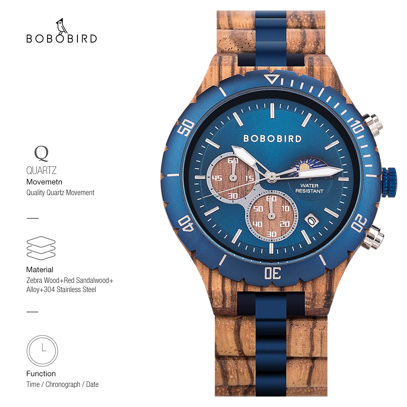 BOBO BIRD Men's Quartz Wooden Watch Stainless Steel Red Sandalwood Alloy Wooden Watch for Men Classic Function Wrist Watch Chronograph Luminous Hands Day and Night Date Display, blue, Classic