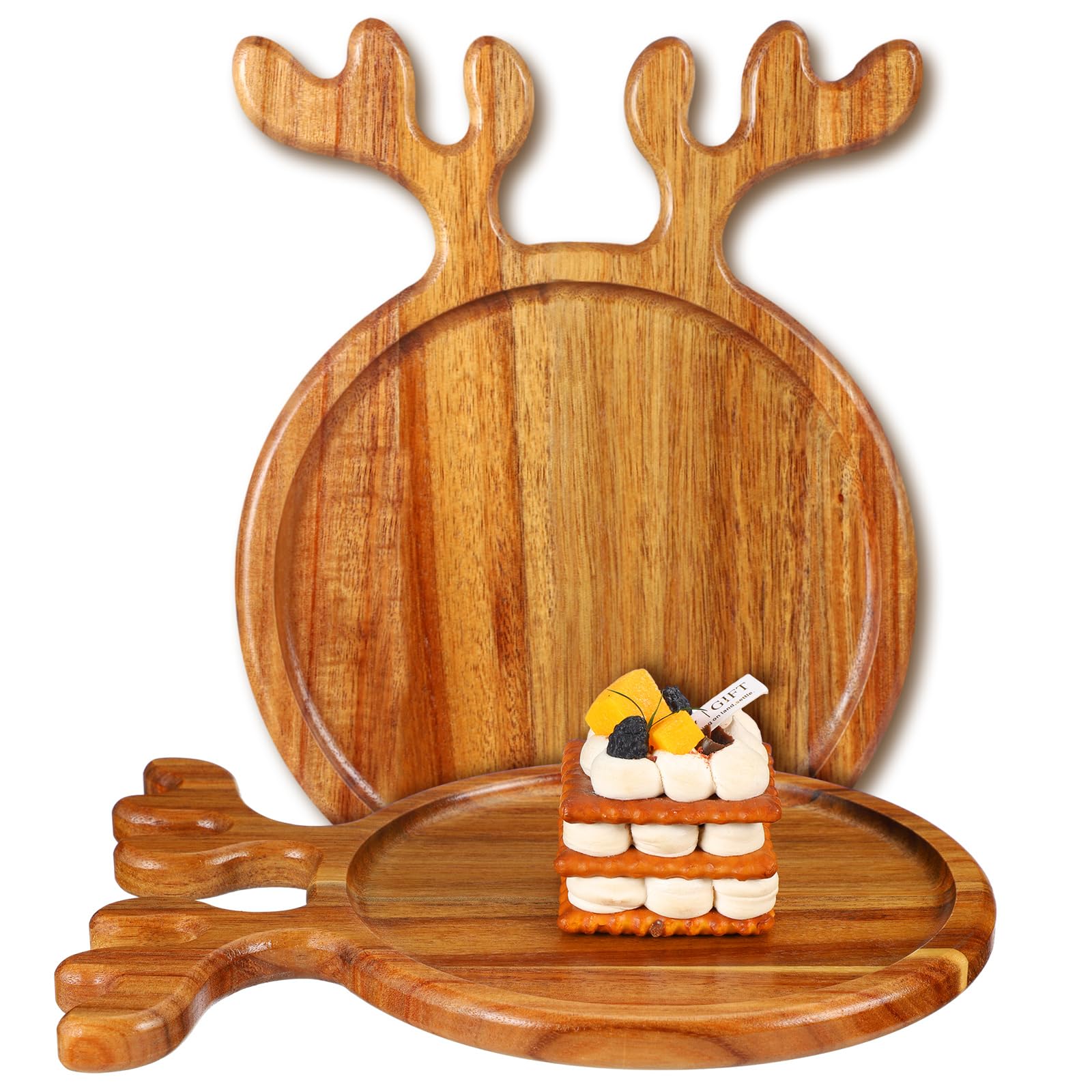 Photo 1 of Tioncy 2 Pcs Christmas Wood Serving Platters Wooden Food Dish Wood Plates Christmas Tray with Antler Handles Decorative Plate Organizer for Appetizer Snack Fruit Kitchen Gift for Wedding Housewarming