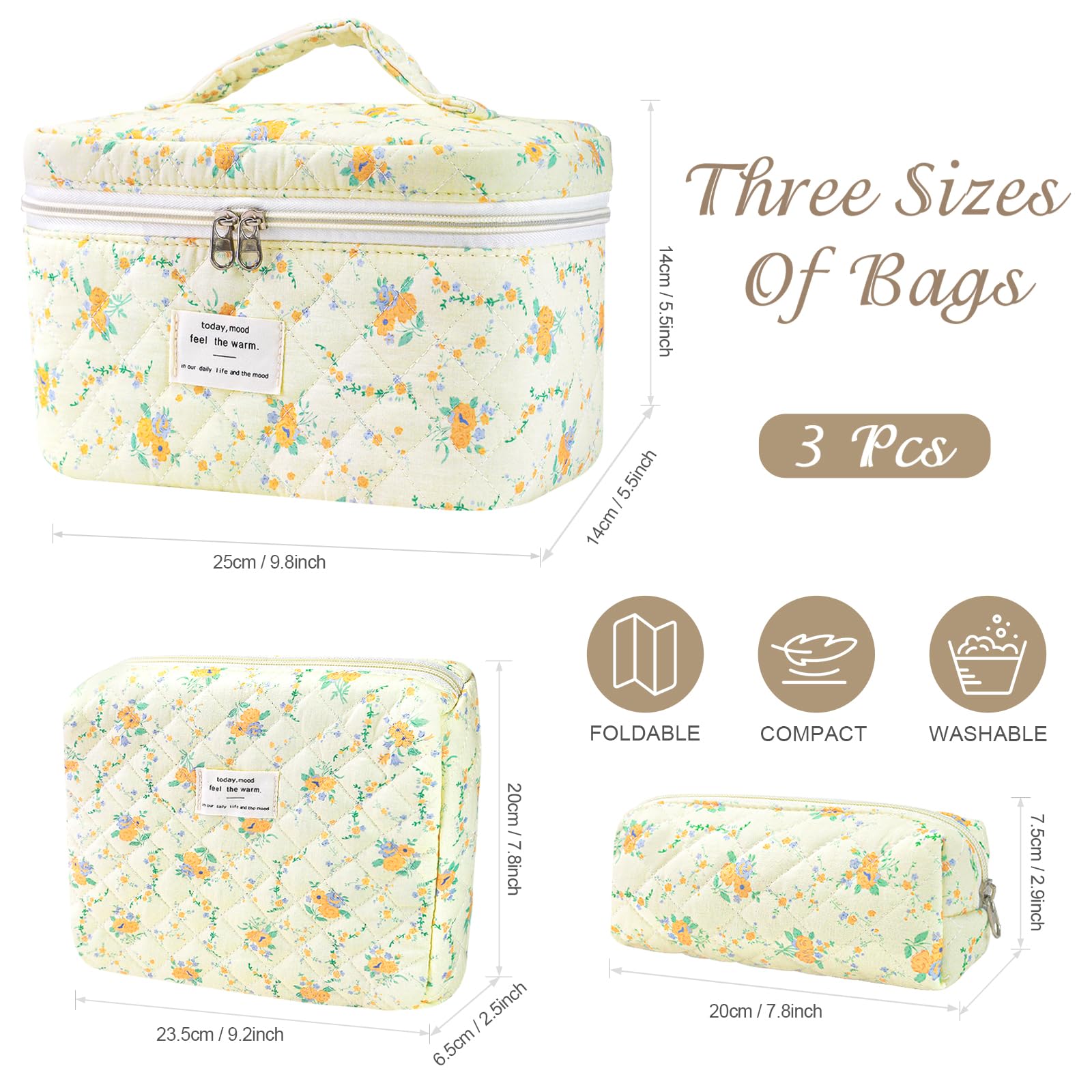Givurao 3Pcs Cotton Quilted Makeup Bag for Women Girls, Large Floral Cosmetic Bag Set Cute Makeup Brushes Aesthetic Accessories Storage Bag Yellow Daylily Flower Travel Toiletry Bag Organizer