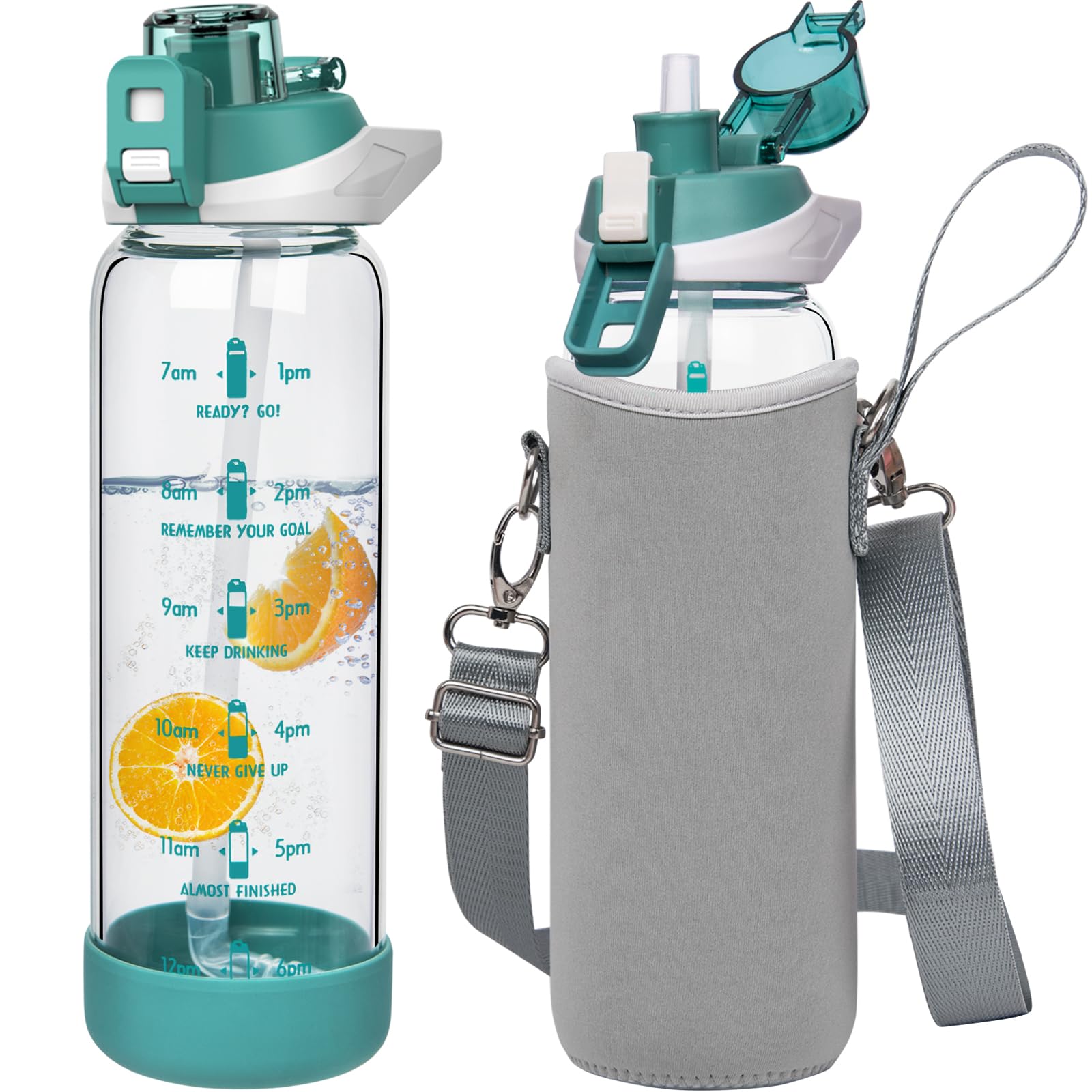 Seekua 800ml Glass Water Bottle with Straw & Time Markings BPA free Motivational Glass Drinking Bottle Leakproof