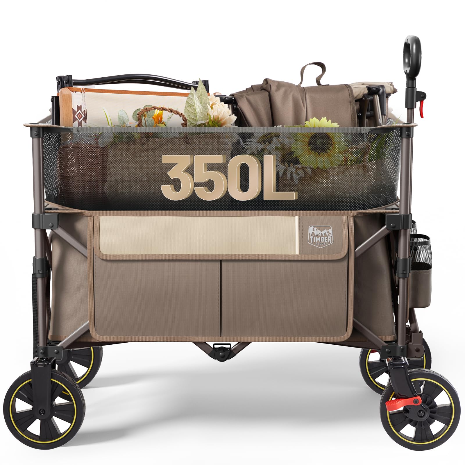 Timber Ridge 350L Extra Large Collapsible Folding Wagon Carts with Brake, Heavy Duty Outdoor Camping Utility Wagons with Extended Height, Adjustable Handle, Cup Holders, Side Bag(Tan) Image