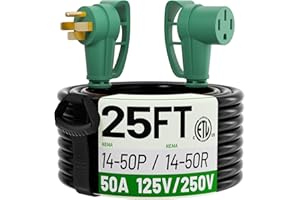 POWGRN NEMA 14-50P to NEMA 14-50R 50 Amp RV/EV Extension Cord 25 FT Outdoor with Grip Handle, Flexible Heavy Duty RV Power Cord Waterproof, 50A 125/250V 6250/12500W STW, Black-Green, ETL Listed
