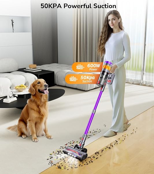 VIAFLY CORDLESS VACUUM CLEANER, 600W 50KPA 70 MINS VACUUM CLEANERS FOR HOME, SELF-STANDING STICK VACUUM WITH TOUCH SCREEN, WALL DOCK, ANTI-TANGLE RECHARGEABLE VACUUM FOR PET HAIR CARPET HARDWOOD FLOOR