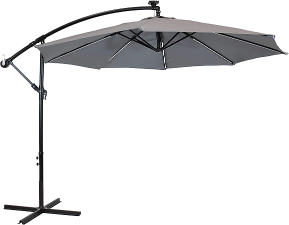Amazon Com Sunnydaze Outdoor Cantilever Offset Patio Umbrella With Solar Led Lights Outside Waterproof Polyester Shade Steel Pole Air Vent Cross Base And Crank 9 Foot Smoke Garden Outdoor