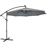 Sunnydaze 10' Solar Offset Patio Umbrella - Solar Cantilever Umbrella Outdoor with LED Lights - Polyester Shade, Air Vent, & Cross Base