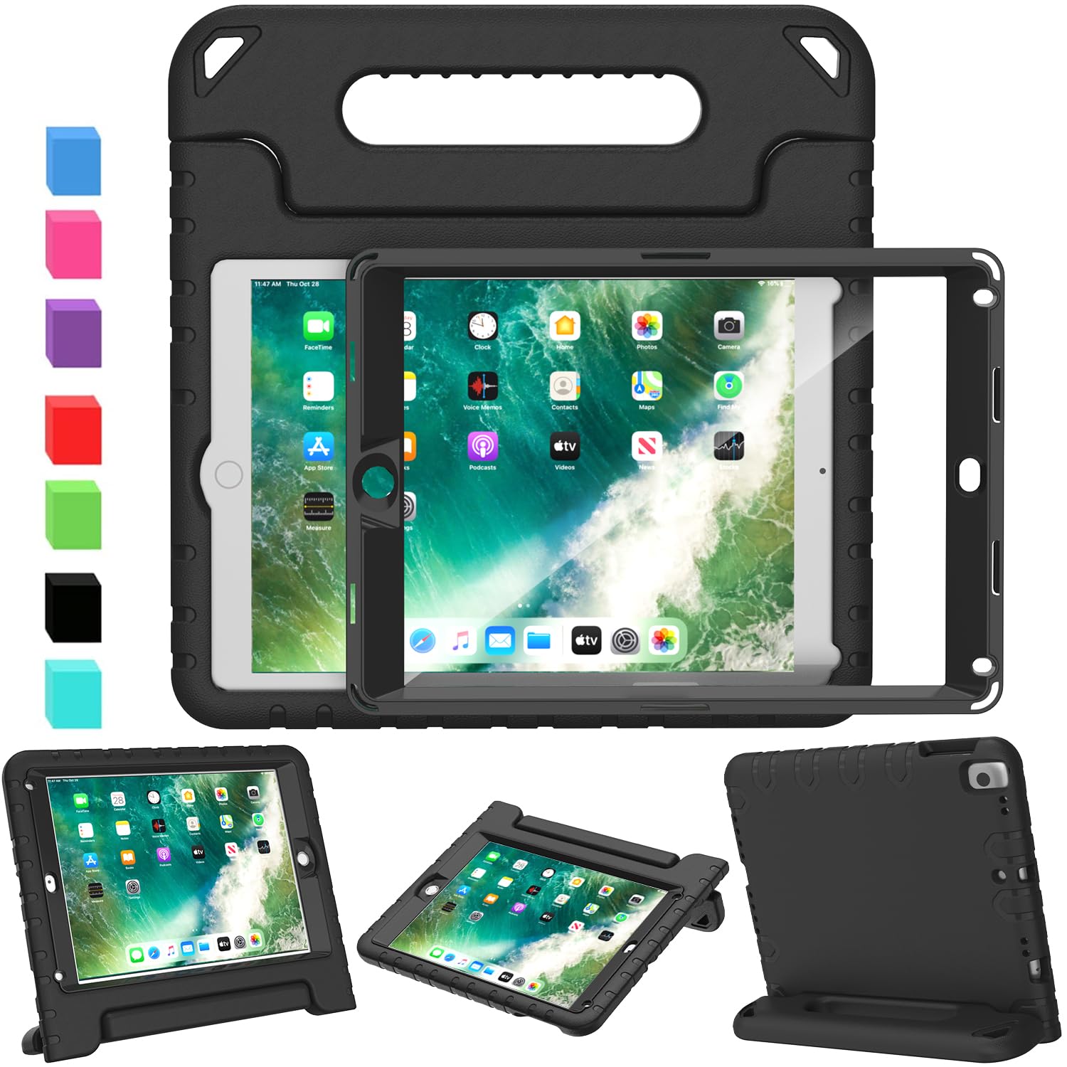 SINSO Kids Case for iPad 9.7 inch 6th Generation 2018/5th Generation 2017/iPad Air 2, Shockproof Lightweight ipad Cover Built in Screen Protector/Handle/Stand, Black