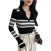 OYOANGLE Women's Collared V Neck Striped Sweater Long Sleeve Ribbed Fitted Pullover Knit Tops
