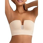Rasback Strapless Bra Push Up Padded Deep V Plunge Bras for Women,Longline Underwire Support Anti-Slip