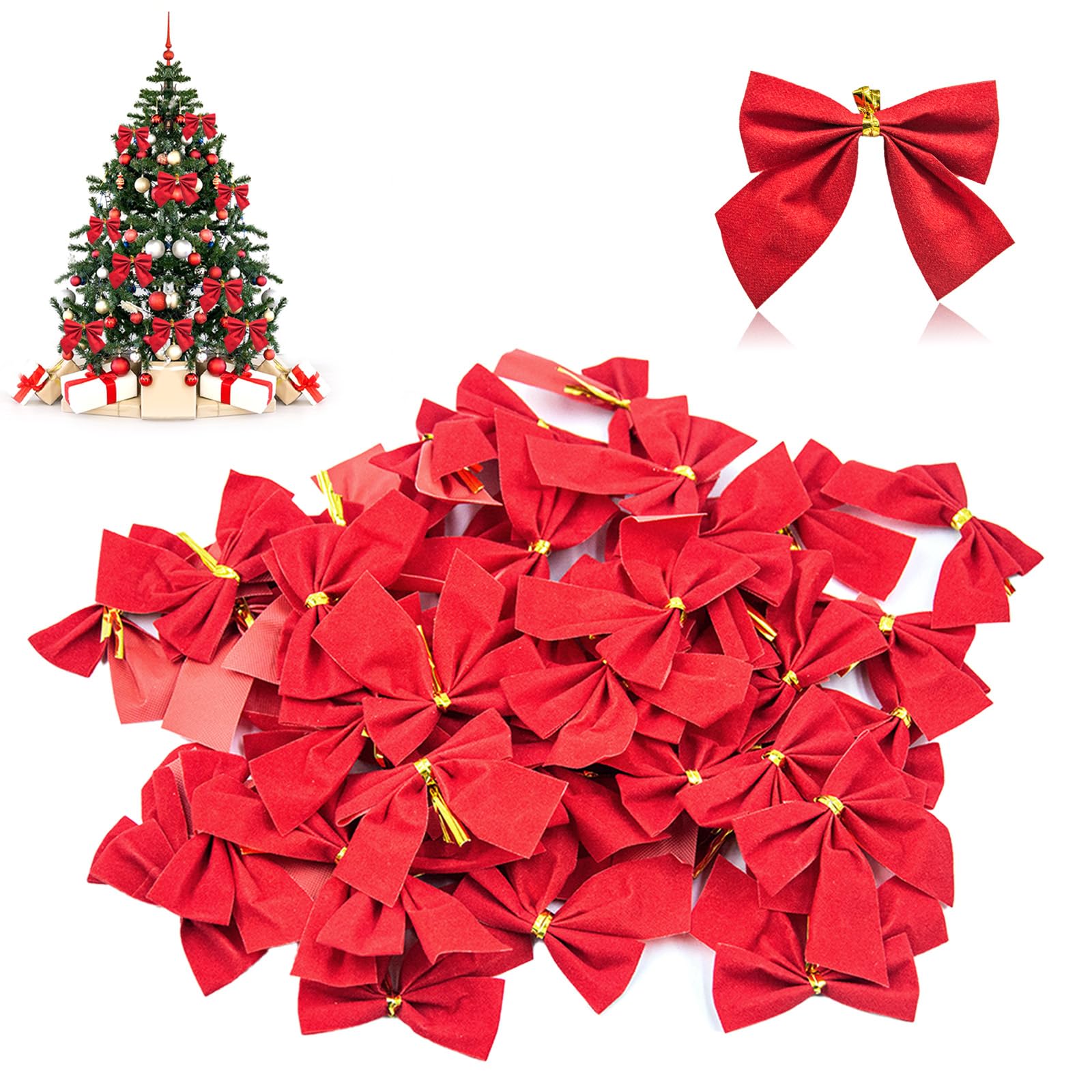 OBYJCA 48 PCS Red Bows for Christmas Tree, Red Christmas Bows, Christmas Tree Bows, Red Velvet Bows for Christmas Tree, Xmas Small Red Bows Ornaments for Garland Decorations, Christmas Tree Red Bows