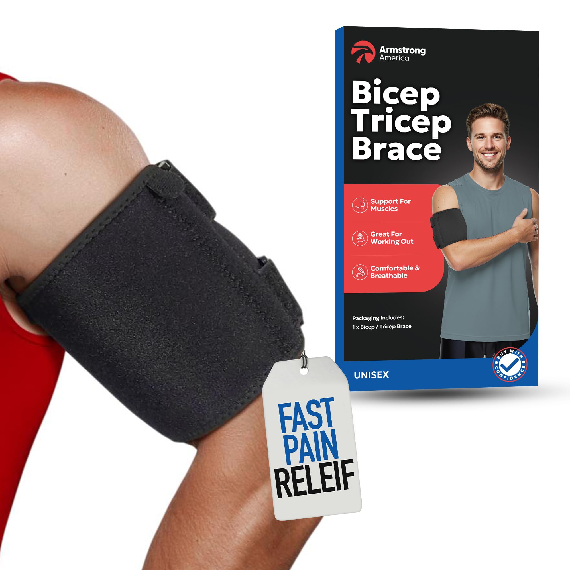 ARMSTRONG AMERICA Bicep Tendonitis Brace, Bicep Band & Upper Arm Compression Sleeve | Triceps & Biceps Muscle Support For Upper Arm Tendonitis Or Bicep Strains (S/M 6" to 10")