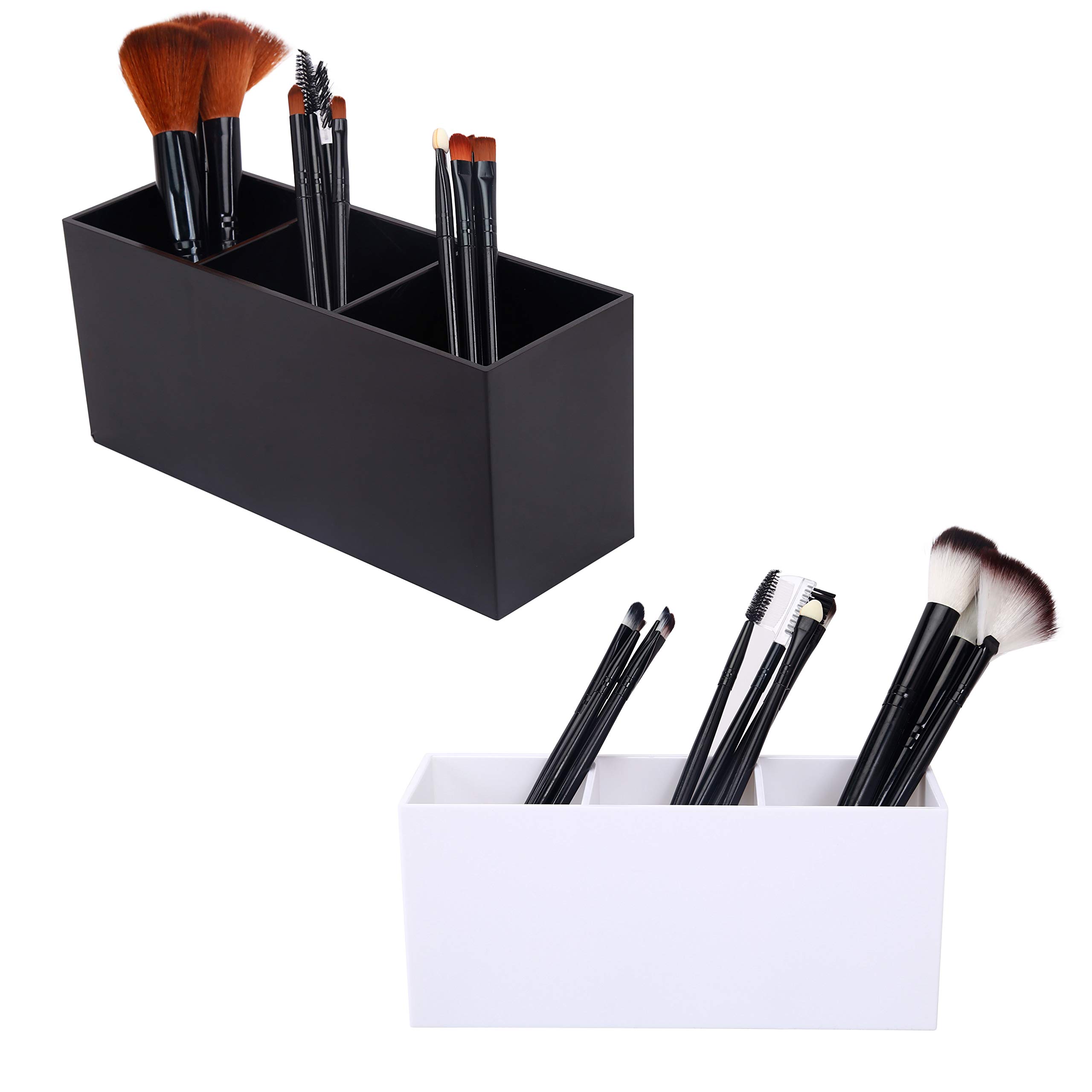 Dseap Makeup Brush Holder Organizer - Acrylic, 3 Compartments - Make up Brushes Holder, Makeup Brush Cup Container Storage Case, Black&White, 2 Packs