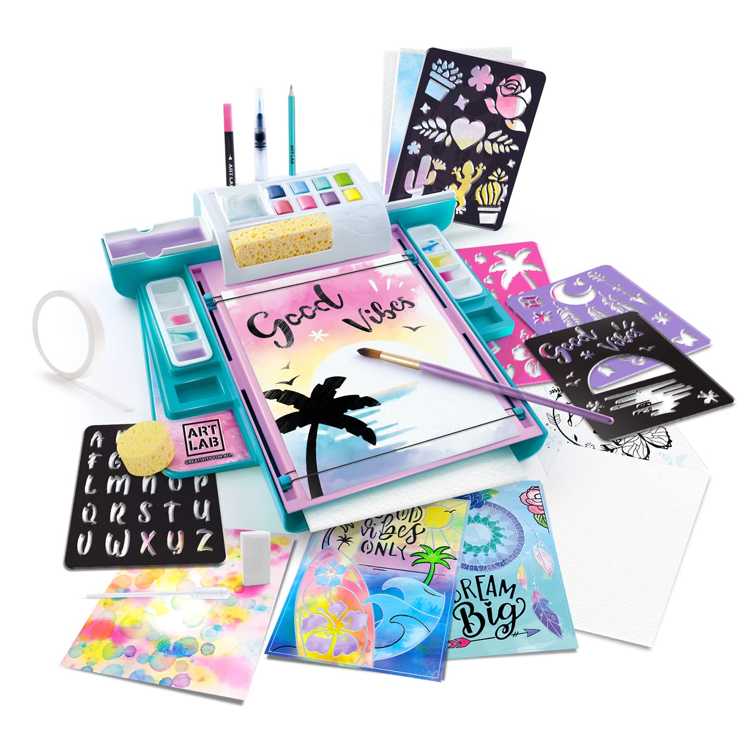 Art Lab Canal Toys Watercolour Studio - Children Watercolour Kit with 8 Paints to Create 15 Colours, 15 Sheets of Paper, Stencils and Tools - Creative Set and Arts Activity for Children 6 Years+