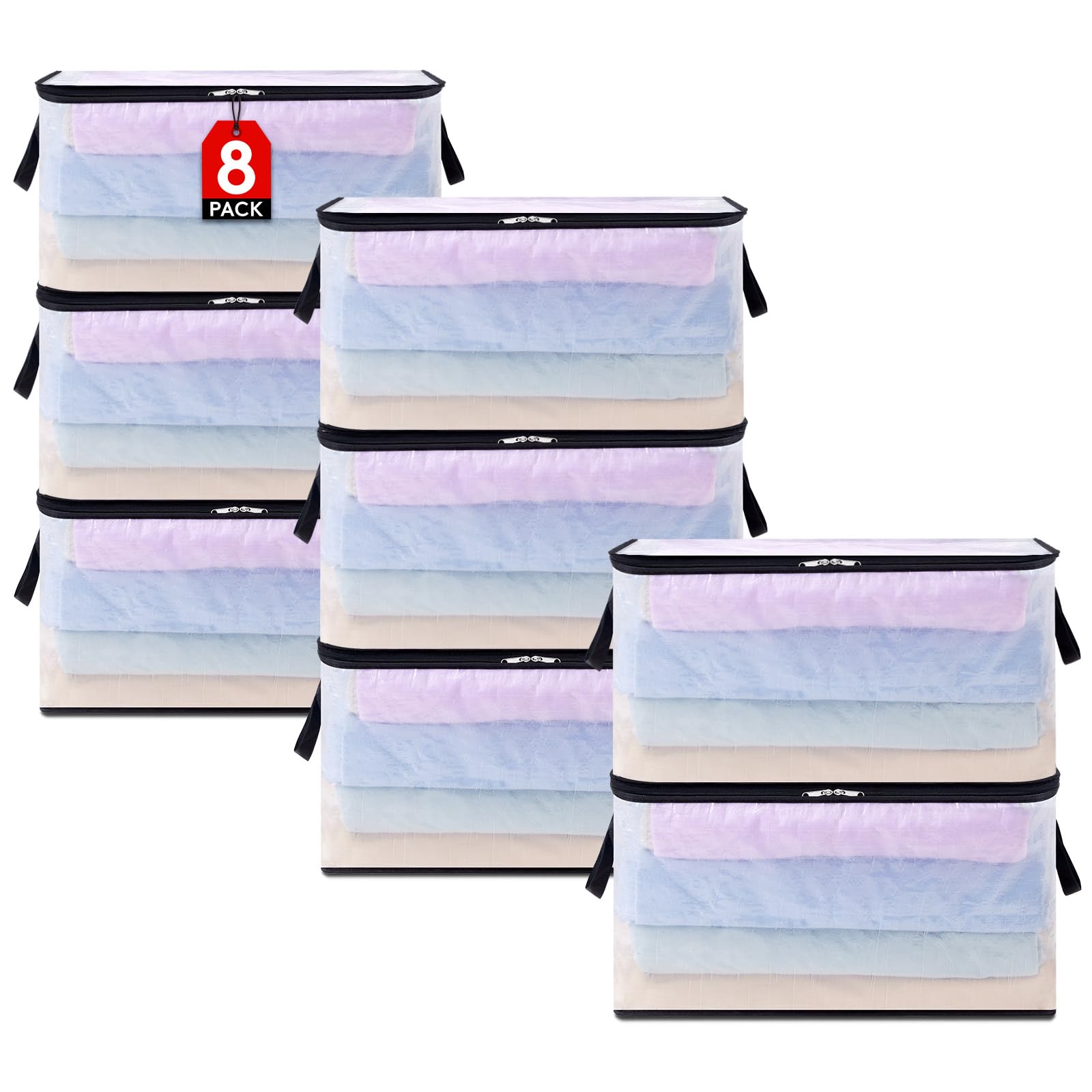 Lifewit 8 Pack Plastic Clothes Storage Bags, 60L Foldable Storage Containers Closet Organizers and Storage Moving Bags with Sturdy Zipper Lids Reinforced Handle for Bedding, Blanket, Comforter