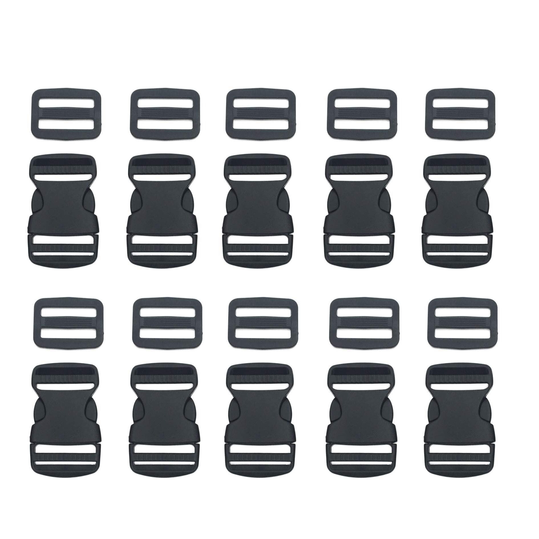 10 Set 1 Inch Flat Dual Adjustable Plastic Quick Side Release Plastic Buckles and Tri-glide Slides for Luggage Straps Pet Collar Backpack Repairing (Black, Fit For 1”/25mm Webbing Straps)