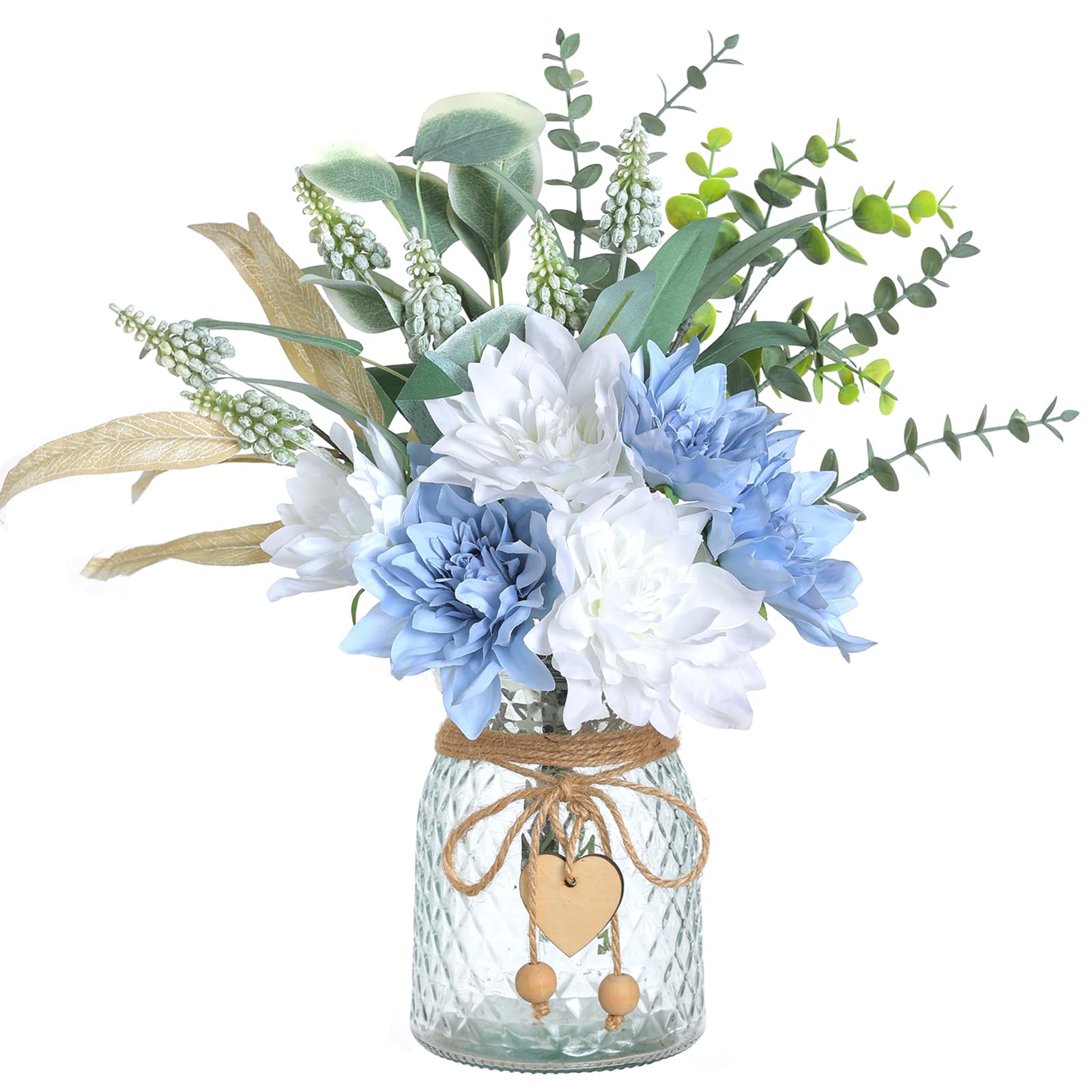 Photo 1 of Faux Flowers with Vase,Artificial Silk Flowers in Vase, Fake Plant Eucalyptus and Willow,Flower Arrangement for Home Farmhouse Dining Table Centerpiece Decorations Coffee Table Decor (Dusty Blue)