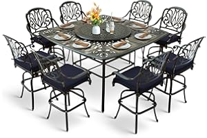 MEETWARM 10-Piece Outdoor Bar Set, All Weather Cast Aluminum Patio Bar Furniture with 8 Cushioned Swivel Bar Stools, Large 64" Square Patio Bar Height Table with Detachable Lazy Susan, Umbrella Hole