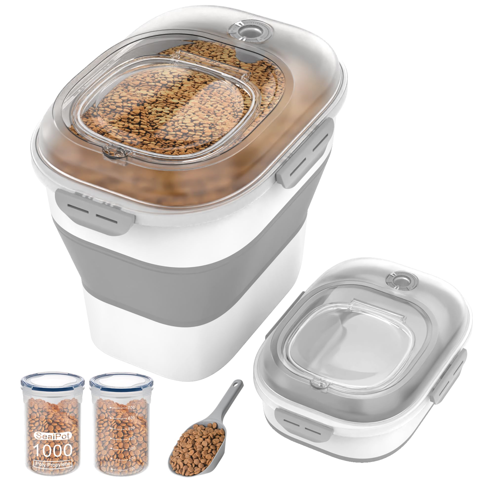 Photo 1 of DDMOMMY 32-35 Lbs Dog Food Storage Container,Transparent Dog Food Container with Airtight Lid, Wheels, Date Track,Collapsible Pet food storage Container,Dog Food Scoop and 2pcs Small Containers