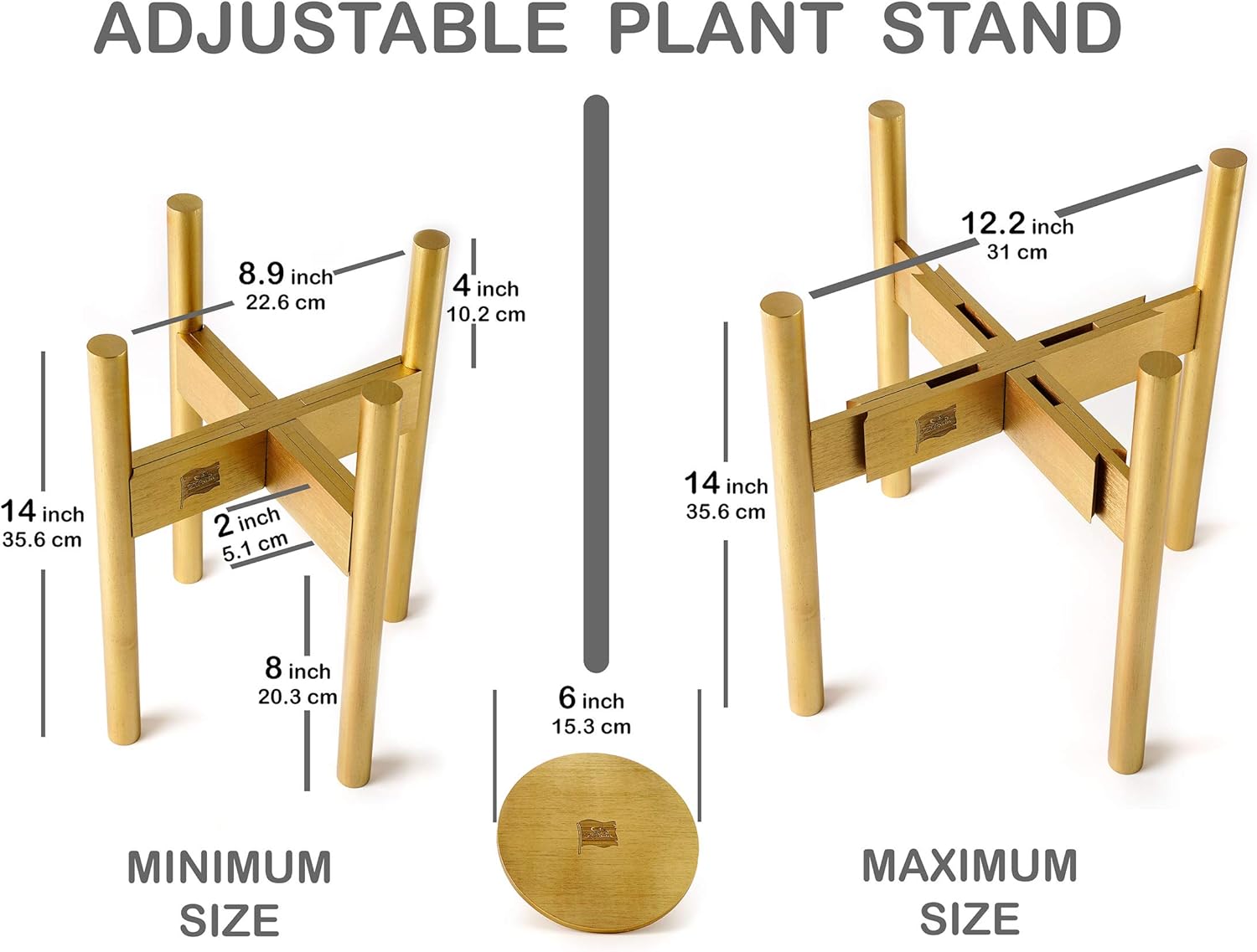 ZPirates Gold Plant Stands for Indoor Plants, with Planter Tray, Adjustable Size Fits 8 9 10 11 12 Inches Small - Large Pots - Mid Century Bamboo Wood Plant Shelf and Flower Holder : Garden & Outdoor